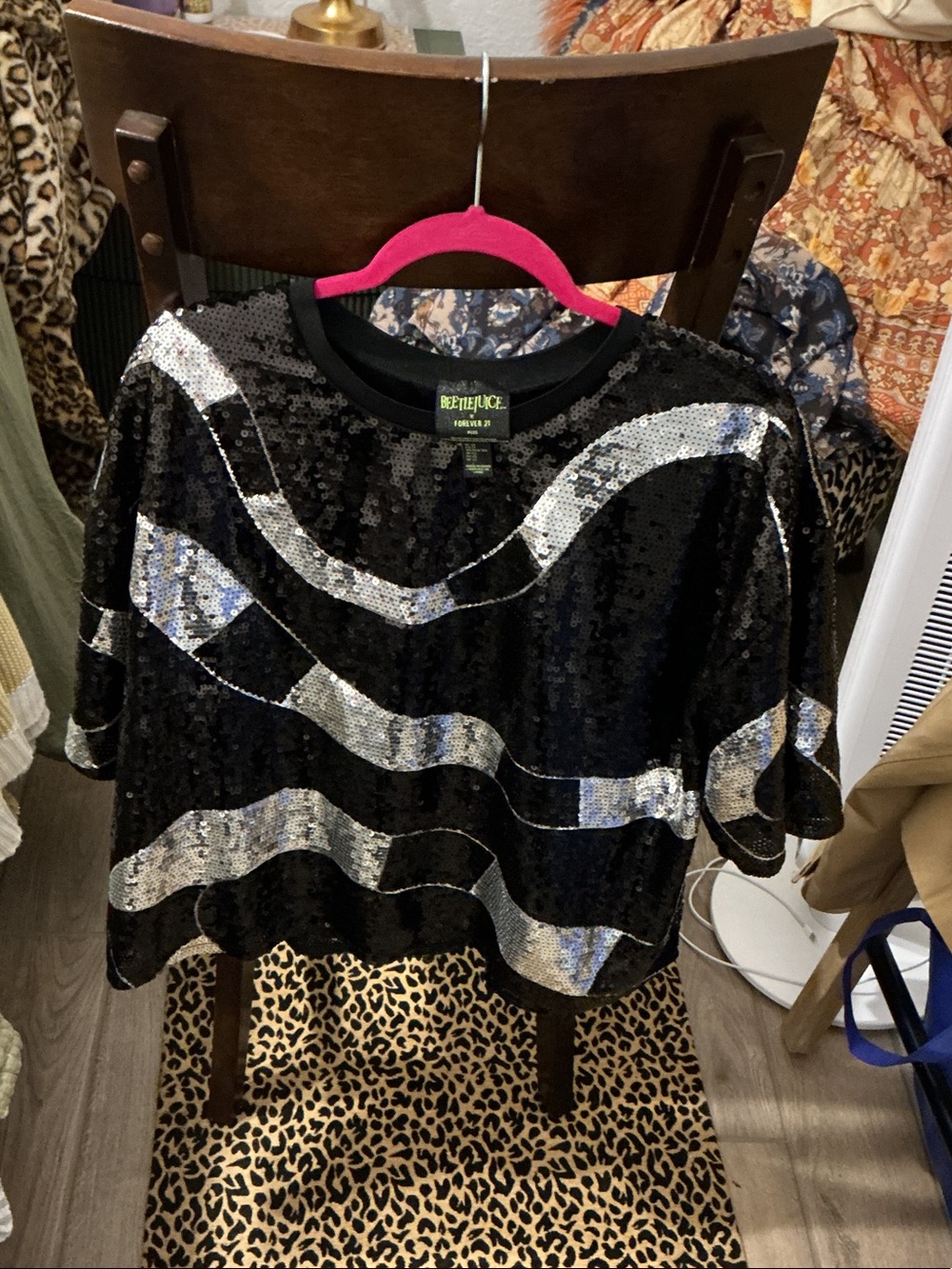 Forever 21 Black Sequin Crop Top with Silver Wave Stripes beetle juice tee